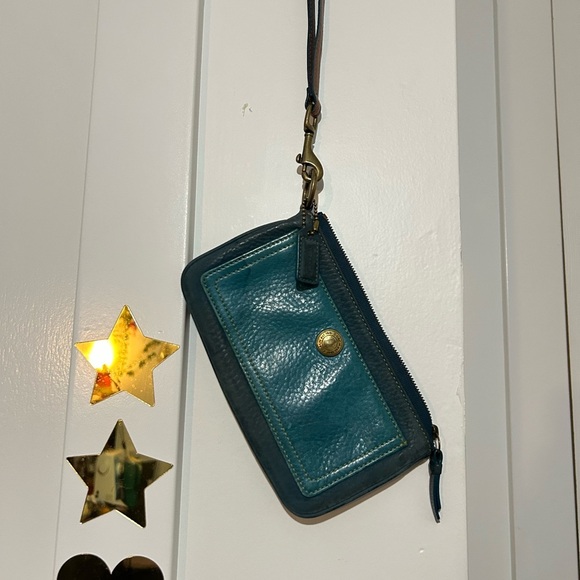 Coach Vintage Teal Leather Wristlet with Gold Accent - Picture 1 of 7
